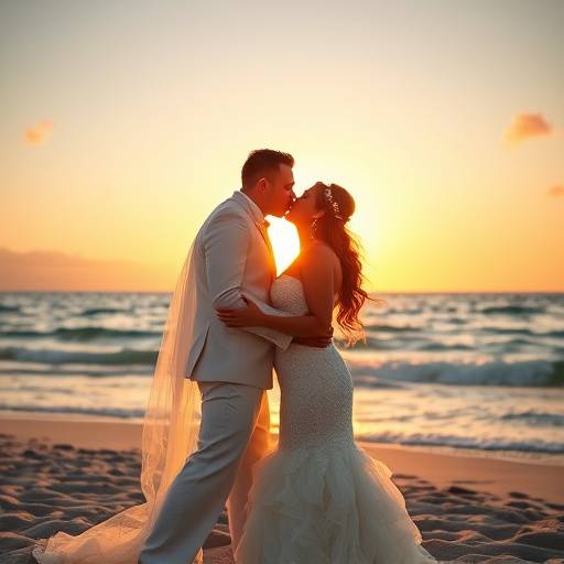 Casamento em praia, noivos se beijando ao pôr do sol
