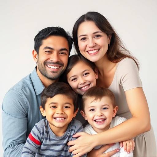 Família feliz em estüdio, pais e filhos sorrindo