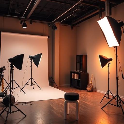 Interior do estüdio fotográfico Luz e Alma, com equipamentos e iluminaäão profissional.