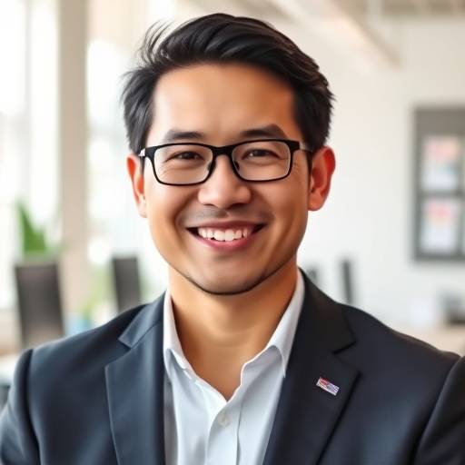 Retrato profissional sorrindo em ambiente de escritório