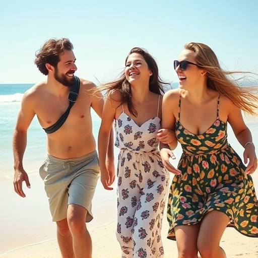 Um alegre ensaio de família com pais e dois filhos pequenos rindo e brincando em uma praia ensolarada.