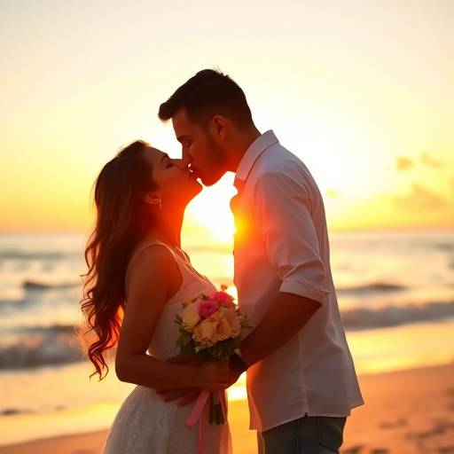 Uma imagem romântica de um casal se beijando durante o pôr do sol em seu casamento à beira-mar, capturando a essência do amor.