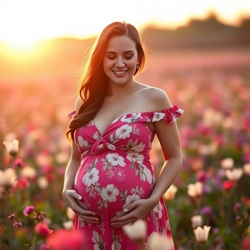 Uma linda foto de uma mulher grávida sorrindo em um campo florido durante sua sessão de fotos de maternidade.