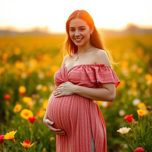 Uma linda foto de uma mulher grávida sorrindo em um campo florido durante sua sessão de fotos de maternidade.